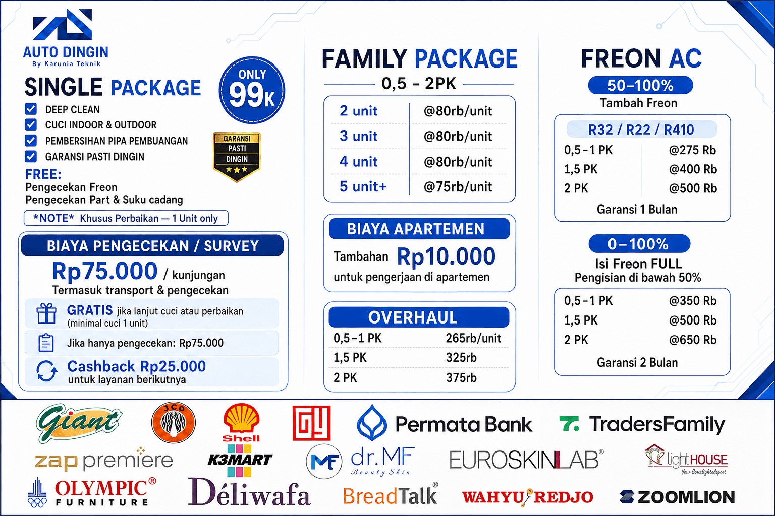 Pricelist lengkap jasa AC Auto Dingin - cuci, service, pasang, dan overhaul AC Surabaya